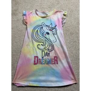 Saint Eve Kids Nightgown‎ Girls Size Small Rainbow Unicorn Tie Die Ruffle Sleeve